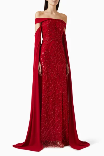 Off-shoulder Embellished Gown in Crepe & Tulle