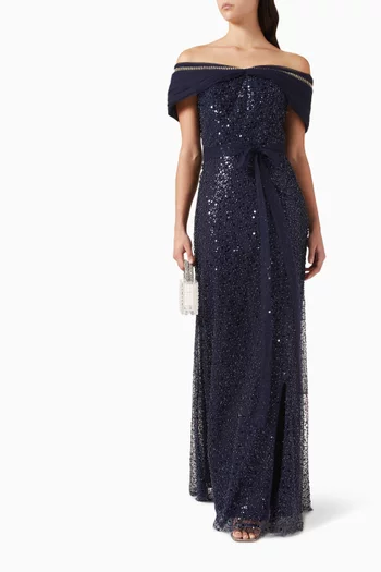 Embellished Off-shoulder Gown in Tulle