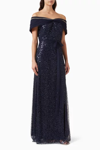Embellished Off-shoulder Gown in Tulle