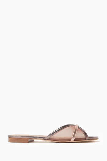 حذاء مفتوح بيرلا بكعب مسطح قماش شبكي وجلد نابا لامع