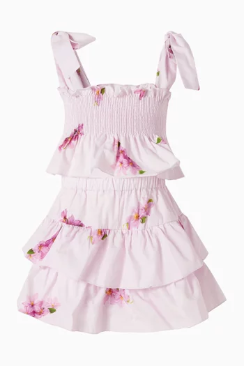 Lilac-print Tiered Skirt in Cotton