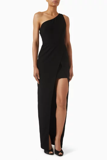 فستان سهرة بفتحة رقبة مائلة وكتف مكشوف كريب