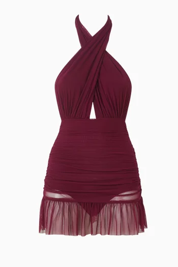 فستان ميو قصير بحمالة حول الرقبة وكشكش قماش شبكي