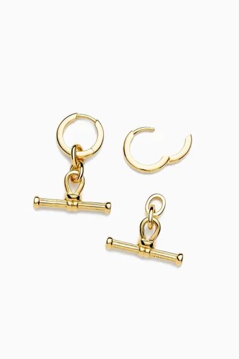 Ridge T-bar Drop Huggie Earrings in 18kt Gold-plated Brass