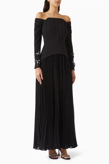 Off-shoulder Pleated Maxi Dress