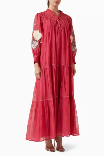 فستان فيولت طويل ومطرز قطن وحرير