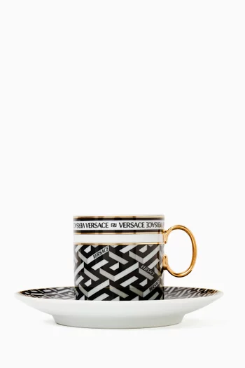 طقم فنجان قهوة وطبق بنقشة زخارف يونانية