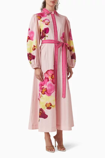 Lucille Belted Maxi Dress in Linen-cotton Blend