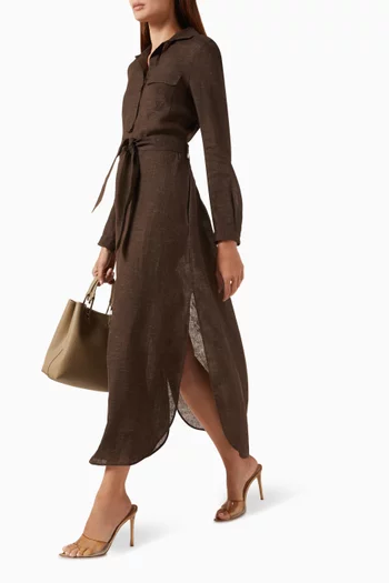 Button-up Belted Maxi Dress in Linen-blend