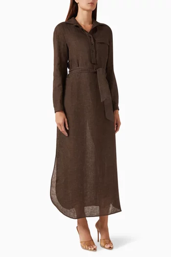 Button-up Belted Maxi Dress in Linen-blend