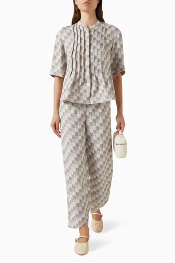 قميص بنقشة مربعات كتان بارز الملمس