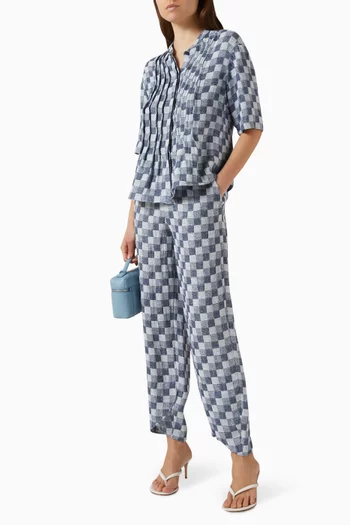 قميص بنقشة مربعات كتان بارز الملمس