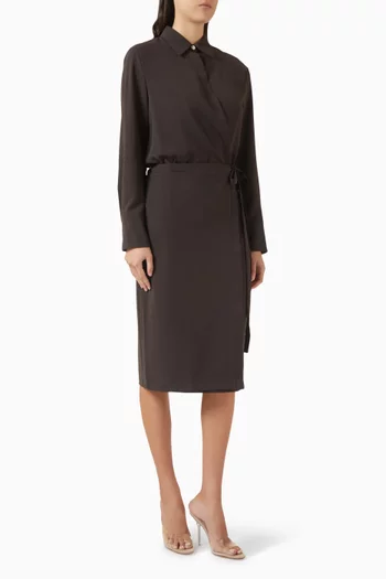 فستان متوسط الطول بنمط قميص وحزام كريب