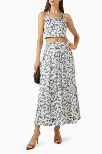 Rue Floral-print Midi Skirt in Linen-silk
