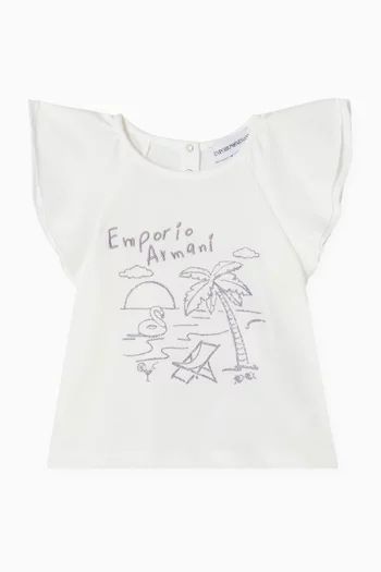 Beach-print Ruffled T-shirt in Cotton