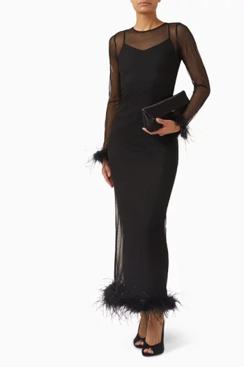 Feather Trim Dress in Mesh