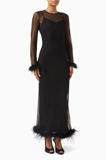 Feather Trim Dress in Mesh