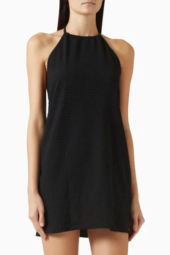 فستان قصير بأربطة حول الرقبة قماش سيرساكر