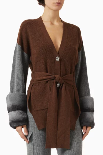 كارديغان بتصميم مقسم بالألوان فرو وصوف وكشمير