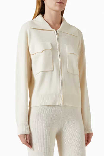 Collared Zip-up Cardigan in Plain-knit