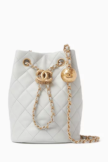 Quilted Pearl Crush Drawstring Bucket Bag in Leather