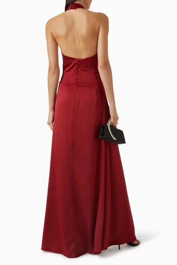 Halterneck Floral-appliqué Dress in Satin