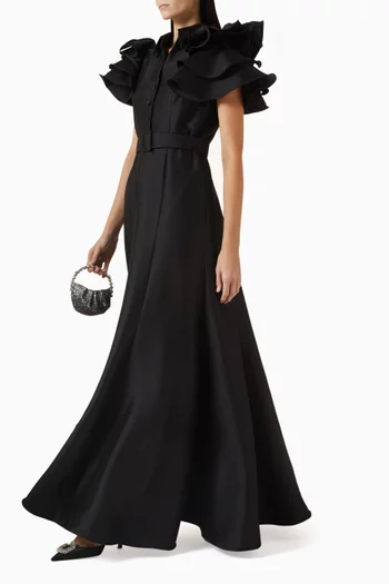 فستان سهرة بقصة على شكل حرف A‏ بكشكش قماش ميكادو