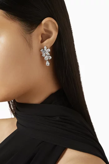 CZ Cluster Statement Drop Earrings in Rhodium-plated Brass