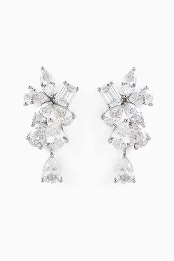 CZ Cluster Statement Drop Earrings in Rhodium-plated Brass