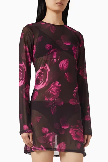 فستان قصير بنقشة زهور قماش شبكي