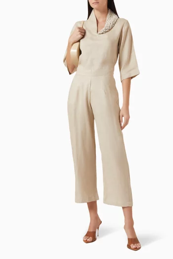Pearl-embellished Top & Pants Set in Linen