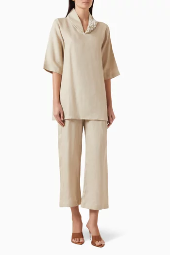 Pearl-embellished Top & Pants Set in Linen