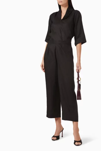 Pearl-embellished Top & Pants Set in Linen