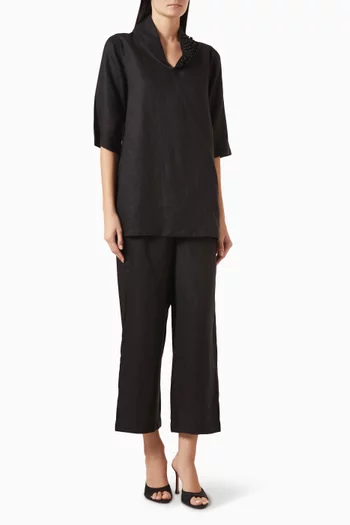 Pearl-embellished Top & Pants Set in Linen