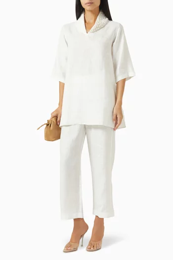 Pearl-embellished Top & Pants Set in Linen