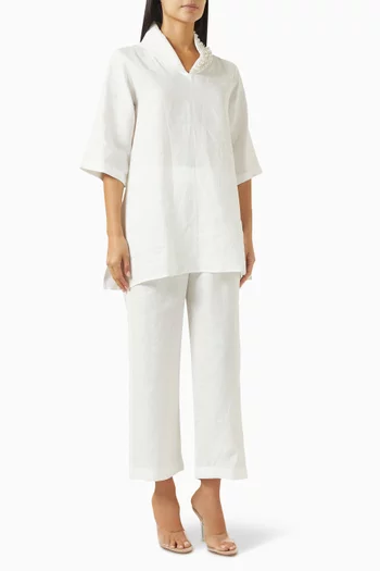 Pearl-embellished Top & Pants Set in Linen