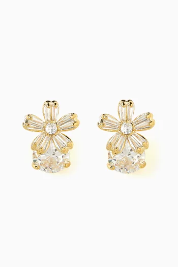 Flower Baguette Crystal Earrings in Gold