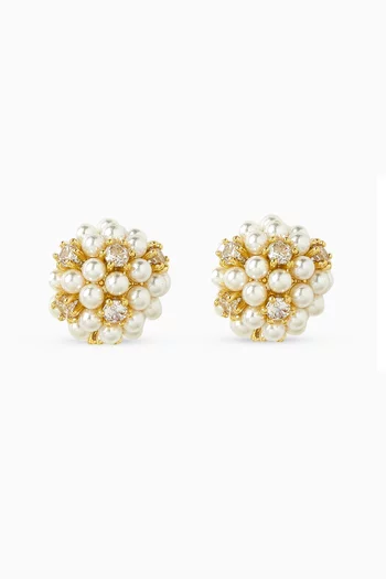 Pearl & CZ Cluster Stud Earrings in Gold-plated Brass