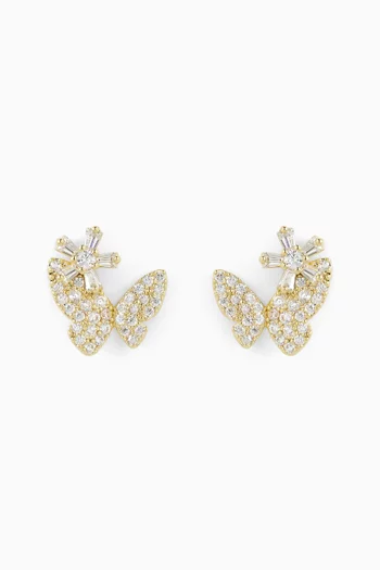 Butterfly Baguette Flower Stud Earrings in Gold-plated Brass