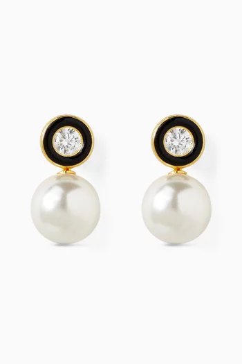 Enamel & Pearl Stud Earrings in Gold-plated Brass