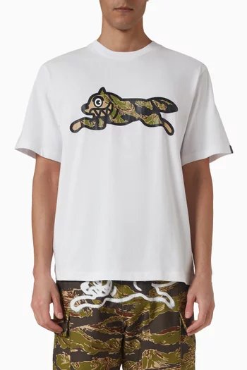 تي شيرت بنقشة جلد نمر مخططة وطبعة كلب يجري قطن