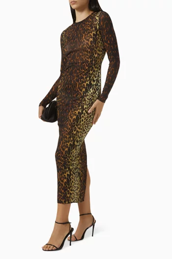 فستان متوسط الطول بنقشة جلد الفهد قماش شبكي