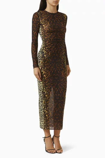 فستان متوسط الطول بنقشة جلد الفهد قماش شبكي