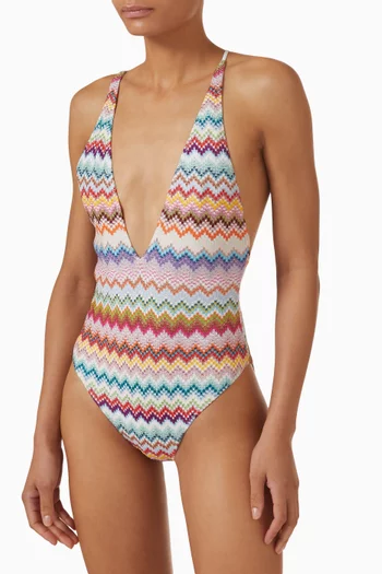 لباس سباحة قطعة واحدة بنقشة خطوط متعرجة مبكسلة