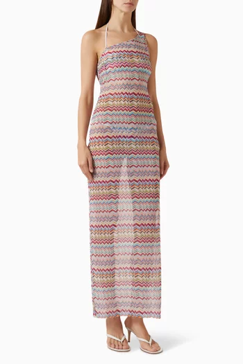 Zig Zag-print One-shoulder Maxi Dress in Tulle