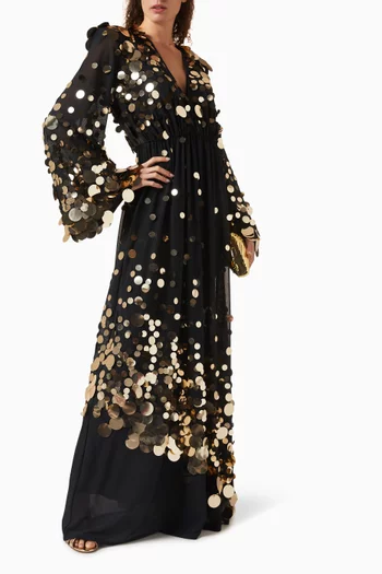 " DREAM OF LIGHT DRESS- FULL LENGTH MESH SEQUIN DRESS WITH BELL SLEEVES, ELASTICWAIST AND SHOULDER ACCENTS":BLK:2|218997428