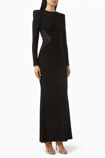 " ECHOES OF SELF GOWN- LONG SLEEVE STRETCH JERSEY GOWN WITH STITCHED SATIN SIDEPANEL, GATHERED FEATURE AND SHOULDER ACCENTS":BLK:4|218997437