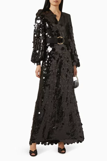 "THE AREA WRAP GOWN- WRAP STYLE GOWN IN STRETCH SEQUINS WITH TIE CLOSURES,STITCHED SATIN BELT, BILLOWED SLEEVES AND SHOULDER ACCENS":BLK:6|218997482
