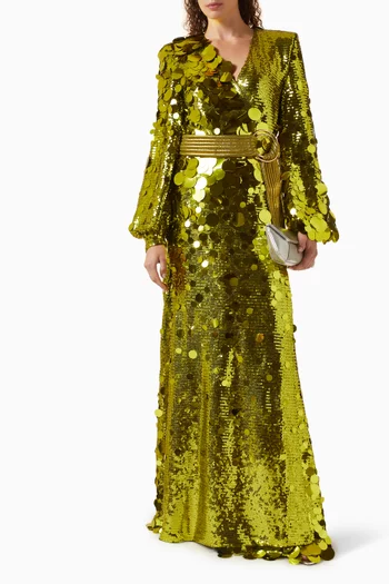 "THE AREA WRAP GOWN- WRAP STYLE GOWN IN STRETCH SEQUINS WITH TIE CLOSURES,STITCHED SATIN BELT, BILLOWED SLEEVES AND SHOULDER ACCENS":Green    :8|218997473