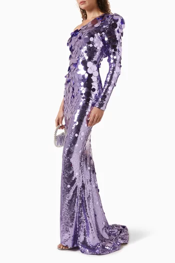 "THE SHIMMER IS A PRISM GOWN- ONE SHOULDER, LONG SLEEVED GOWN IN STRETCH DISC SEQUINSAND SHOULDER ACCENT":Purple    :8|218997512